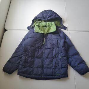 LL Bean Jacket Kids M 10 12 Blue Green Down Puffer Hooded Winter Coat Warm